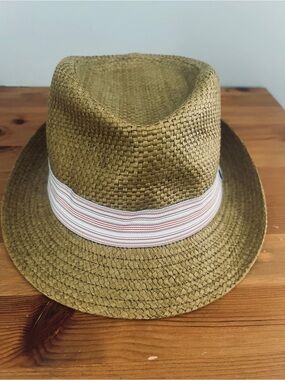 D&Y Woven Straw Fedora with Striped Band - Olive- NWT